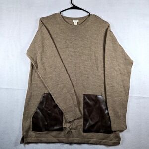 J Crew Sweater Womens M 100% Merino Wool Faux Leather Pocket‎ Pullover Tan Brown
